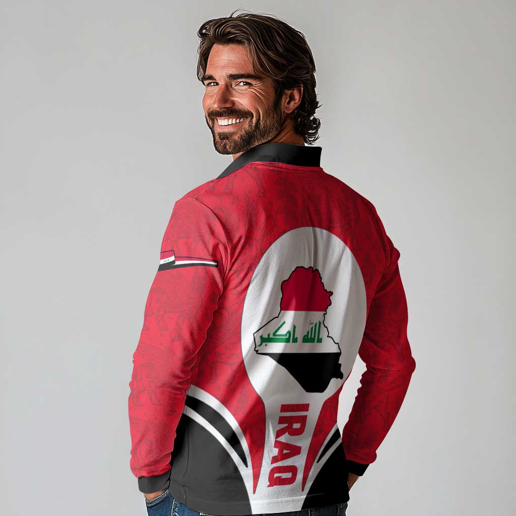Iraq Long Sleeve Polo Shirt with Lamassu Mythical Creature and National Map Design - Wonder Print Shop