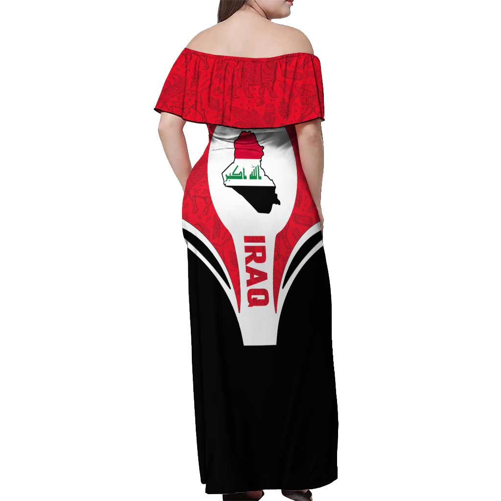 Iraq Off Shoulder Maxi Dress with Lamassu Mythical Creature and National Map Design - Wonder Print Shop