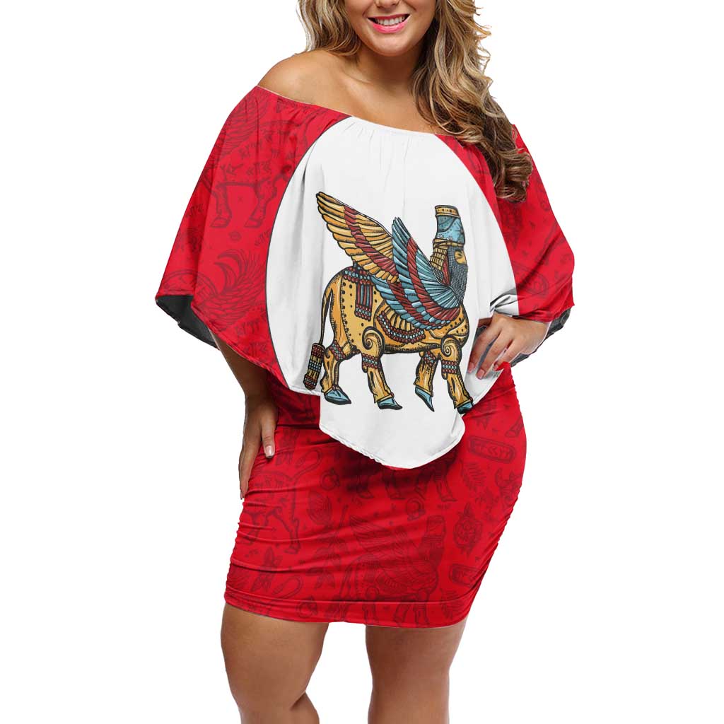 Iraq Off Shoulder Short Dress with Lamassu Mythical Creature and National Map Design - Wonder Print Shop