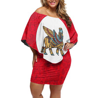 Iraq Off Shoulder Short Dress with Lamassu Mythical Creature and National Map Design - Wonder Print Shop