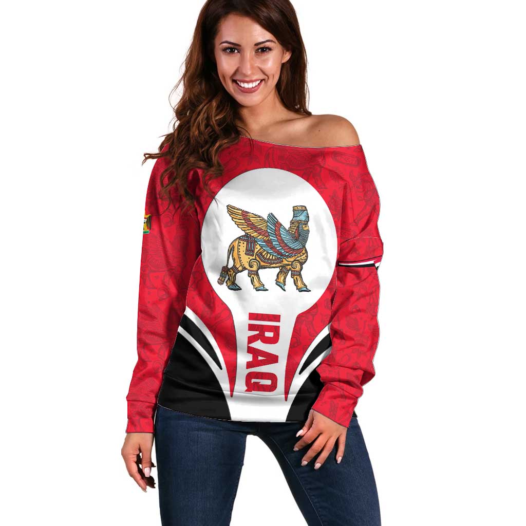 Iraq Off Shoulder Sweater with Lamassu Mythical Creature and National Map Design - Wonder Print Shop