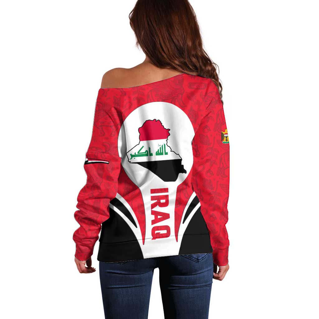 Iraq Off Shoulder Sweater with Lamassu Mythical Creature and National Map Design - Wonder Print Shop