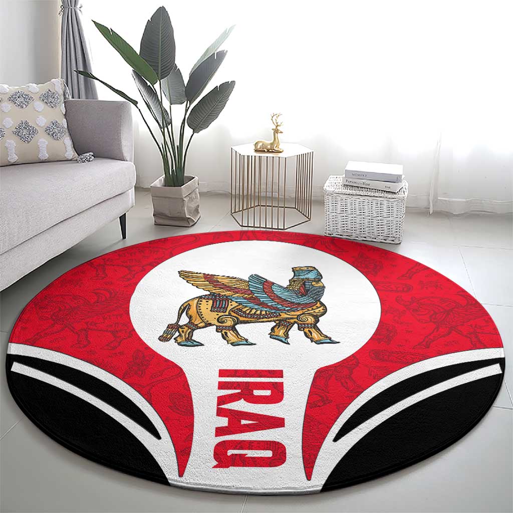 Iraq Round Carpet with Lamassu Mythical Creature and National Map Design - Wonder Print Shop