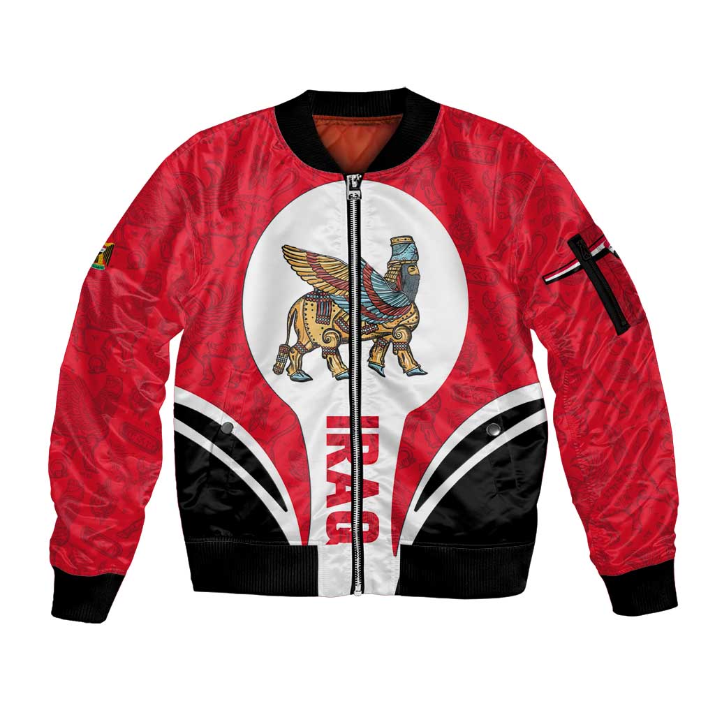 Iraq Sleeve Zip Bomber Jacket with Lamassu Mythical Creature and National Map Design - Wonder Print Shop