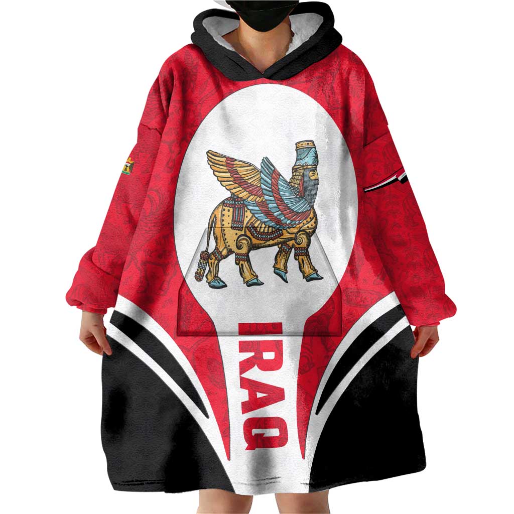 Iraq Wearable Blanket Hoodie with Lamassu Mythical Creature and National Map Design - Wonder Print Shop