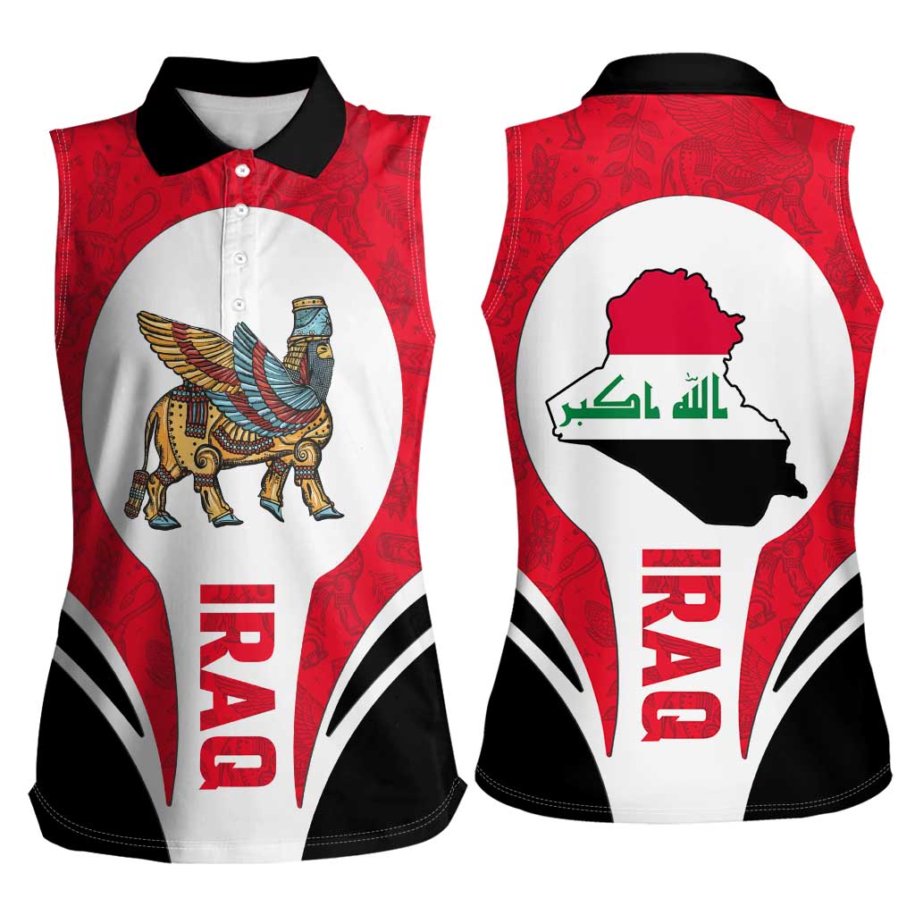 Iraq Women Sleeveless Polo Shirt with Lamassu Mythical Creature and National Map Design - Wonder Print Shop