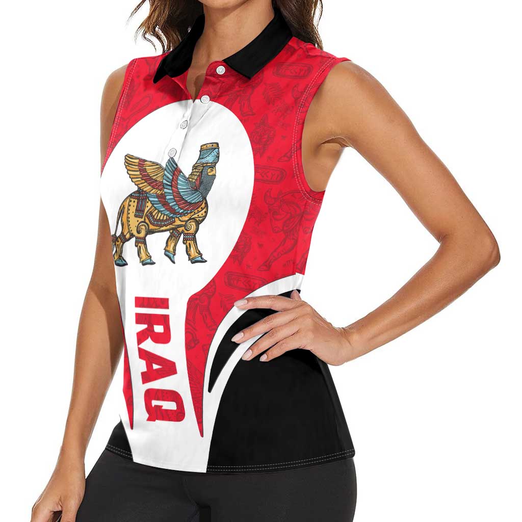 Iraq Women Sleeveless Polo Shirt with Lamassu Mythical Creature and National Map Design - Wonder Print Shop
