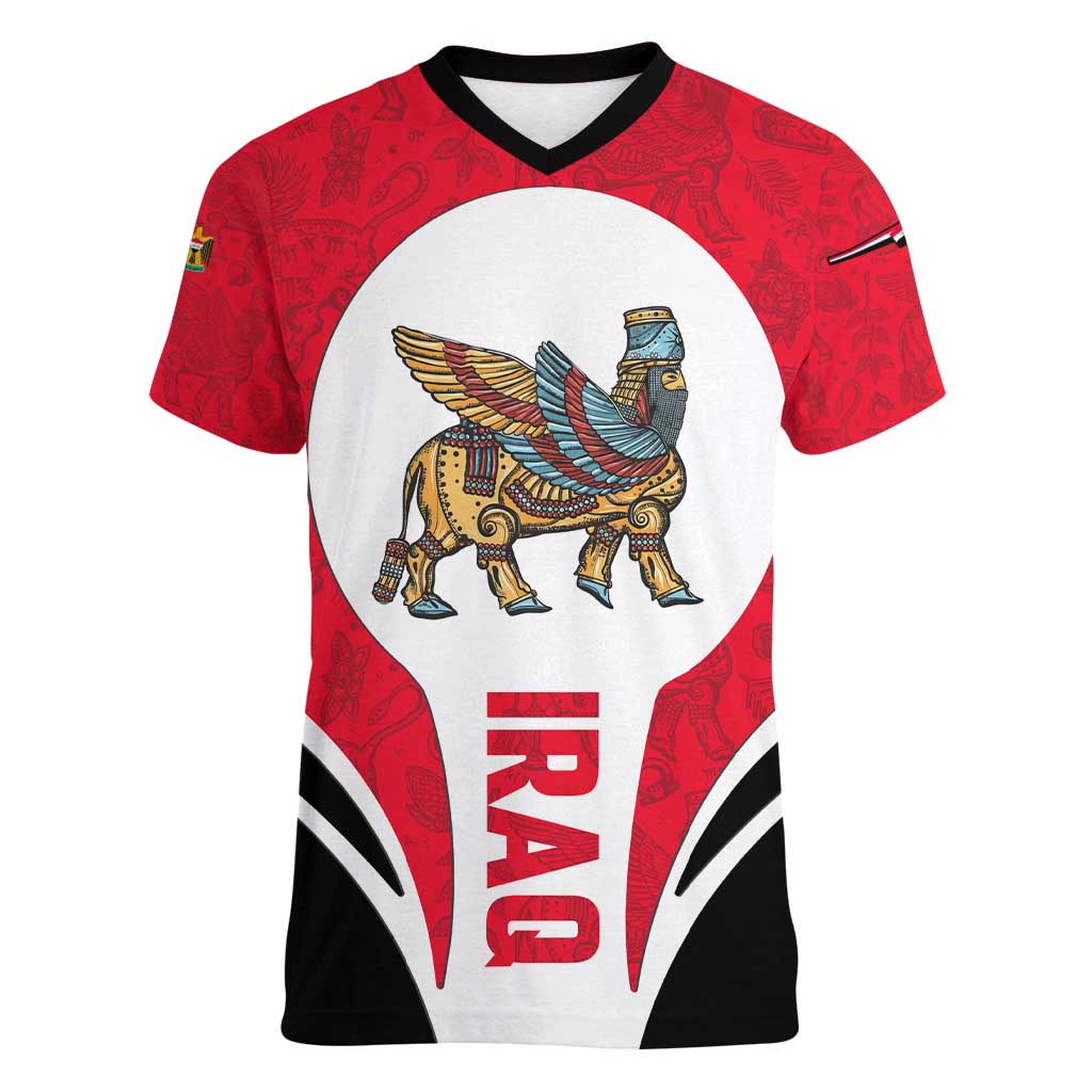 Iraq Women V-Neck T-Shirt with Lamassu Mythical Creature and National Map Design - Wonder Print Shop