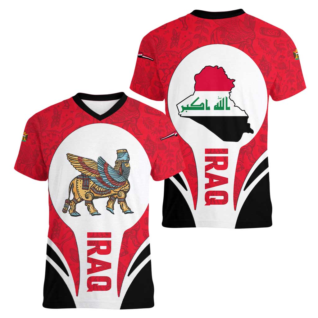 Iraq Women V-Neck T-Shirt with Lamassu Mythical Creature and National Map Design - Wonder Print Shop