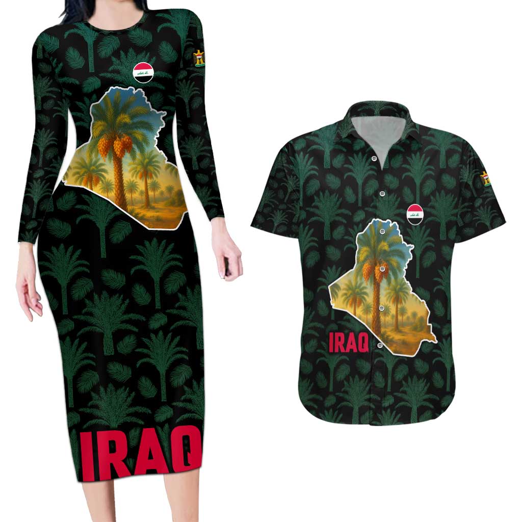 Iraq Couples Matching Long Sleeve Bodycon Dress and Hawaiian Shirt with Palm Tree Landscape and Map Silhouette Design - Wonder Print Shop