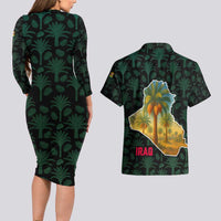 Iraq Couples Matching Long Sleeve Bodycon Dress and Hawaiian Shirt with Palm Tree Landscape and Map Silhouette Design - Wonder Print Shop
