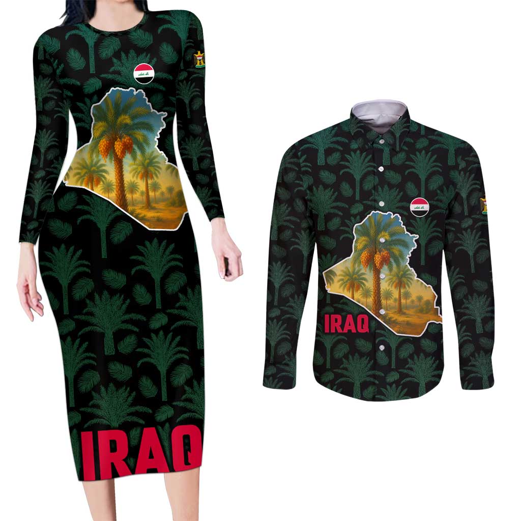 Iraq Couples Matching Long Sleeve Bodycon Dress and Long Sleeve Button Shirt with Palm Tree Landscape and Map Silhouette Design - Wonder Print Shop