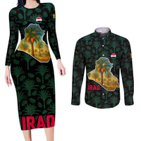 Iraq Couples Matching Long Sleeve Bodycon Dress and Long Sleeve Button Shirt with Palm Tree Landscape and Map Silhouette Design - Wonder Print Shop