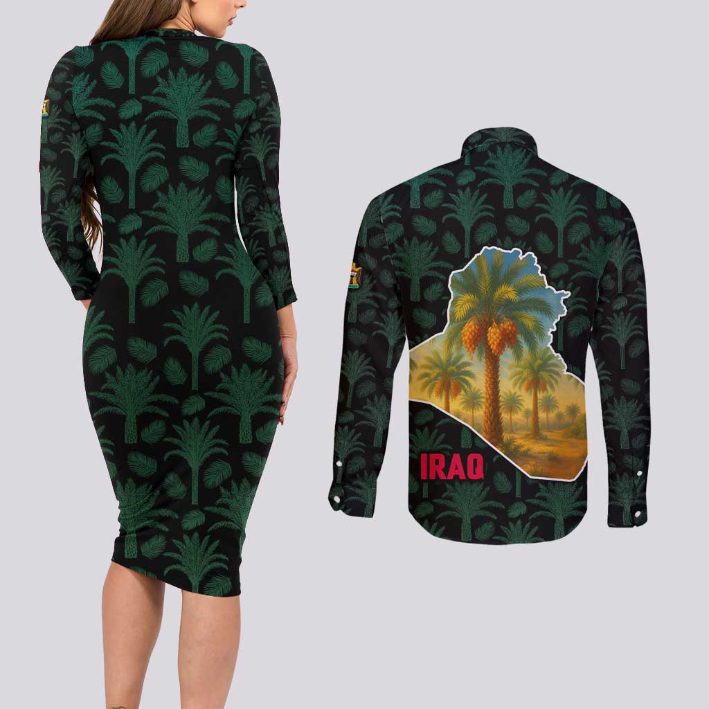 Iraq Couples Matching Long Sleeve Bodycon Dress and Long Sleeve Button Shirt with Palm Tree Landscape and Map Silhouette Design - Wonder Print Shop