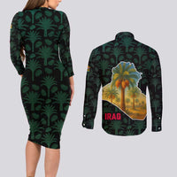 Iraq Couples Matching Long Sleeve Bodycon Dress and Long Sleeve Button Shirt with Palm Tree Landscape and Map Silhouette Design - Wonder Print Shop
