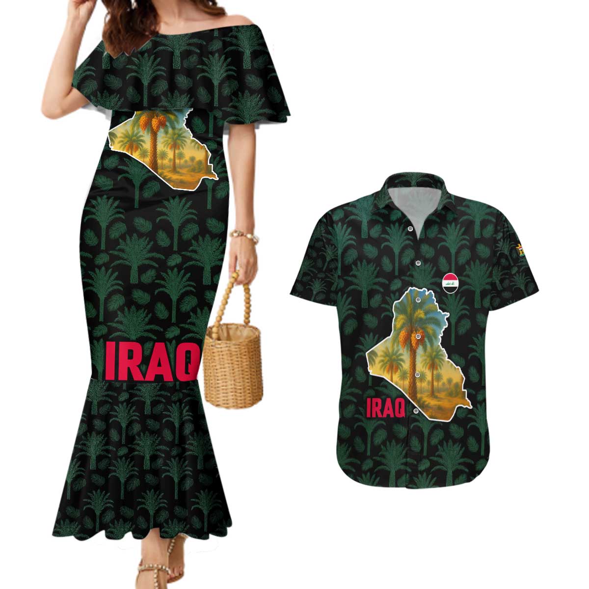 Iraq Couples Matching Mermaid Dress and Hawaiian Shirt with Palm Tree Landscape and Map Silhouette Design - Wonder Print Shop