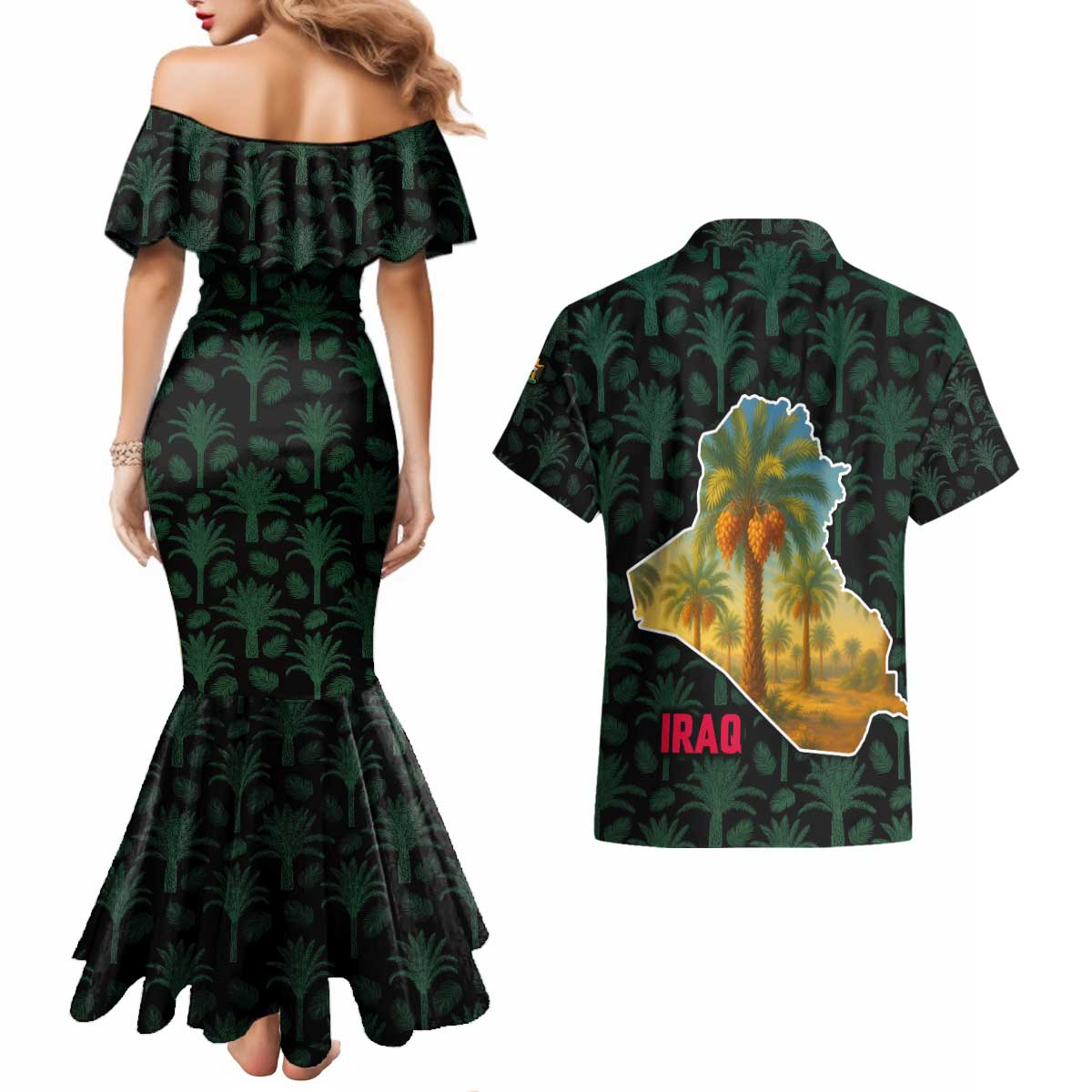 Iraq Couples Matching Mermaid Dress and Hawaiian Shirt with Palm Tree Landscape and Map Silhouette Design - Wonder Print Shop
