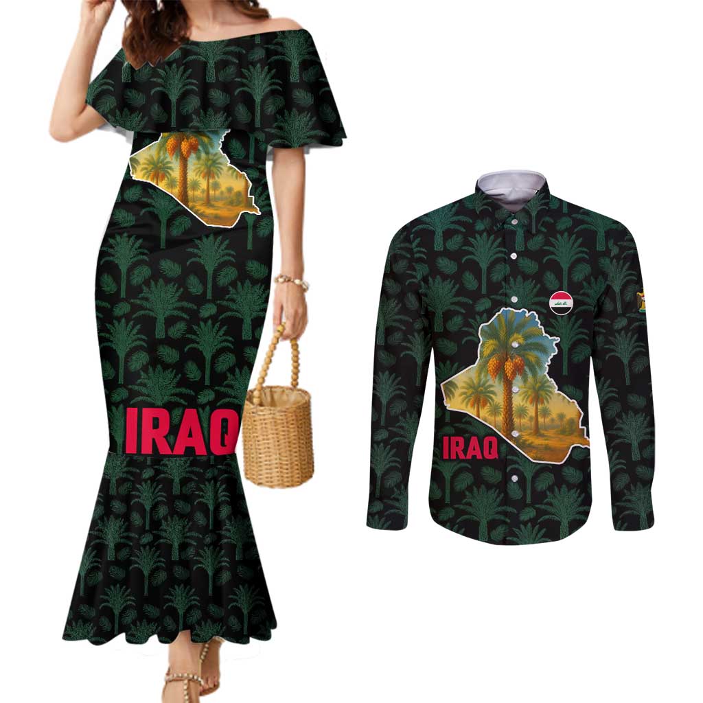 Iraq Couples Matching Mermaid Dress and Long Sleeve Button Shirt with Palm Tree Landscape and Map Silhouette Design - Wonder Print Shop