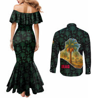 Iraq Couples Matching Mermaid Dress and Long Sleeve Button Shirt with Palm Tree Landscape and Map Silhouette Design - Wonder Print Shop
