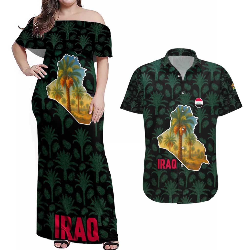 Iraq Couples Matching Off Shoulder Maxi Dress and Hawaiian Shirt with Palm Tree Landscape and Map Silhouette Design - Wonder Print Shop