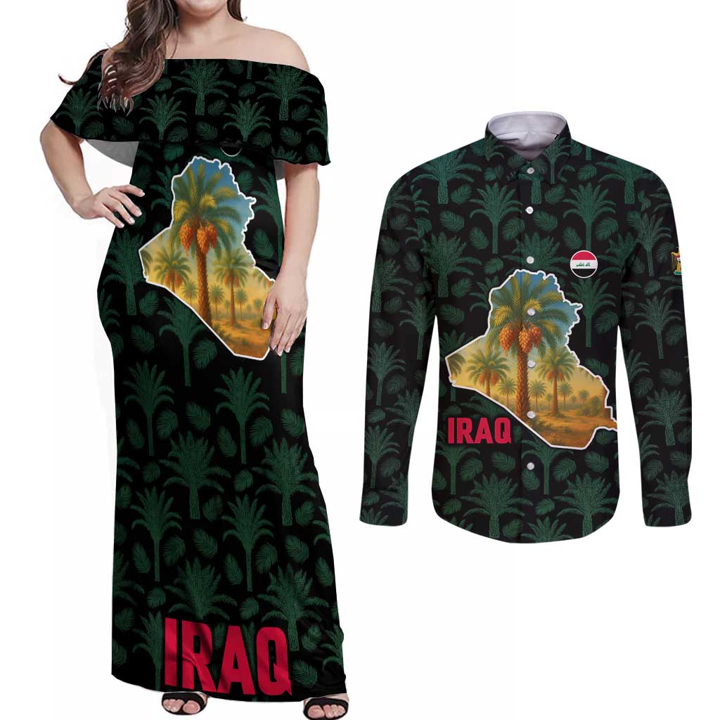 Iraq Couples Matching Off Shoulder Maxi Dress and Long Sleeve Button Shirt with Palm Tree Landscape and Map Silhouette Design - Wonder Print Shop