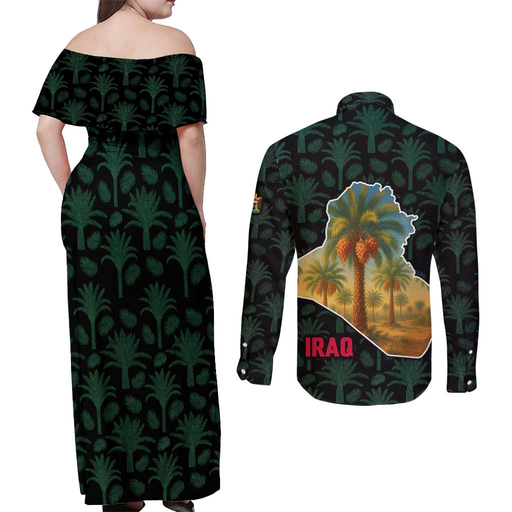 Iraq Couples Matching Off Shoulder Maxi Dress and Long Sleeve Button Shirt with Palm Tree Landscape and Map Silhouette Design - Wonder Print Shop