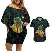 Iraq Couples Matching Off Shoulder Short Dress and Hawaiian Shirt with Palm Tree Landscape and Map Silhouette Design - Wonder Print Shop