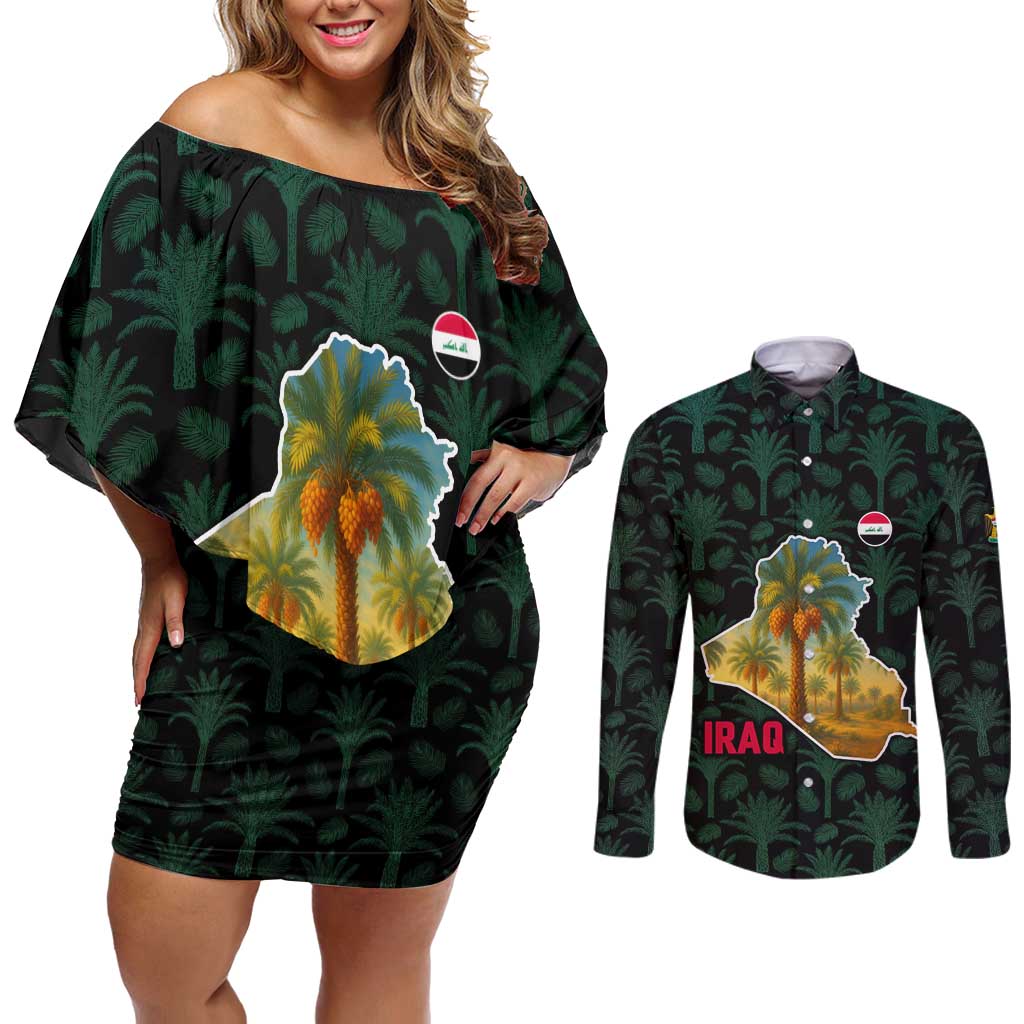 Iraq Couples Matching Off Shoulder Short Dress and Long Sleeve Button Shirt with Palm Tree Landscape and Map Silhouette Design - Wonder Print Shop
