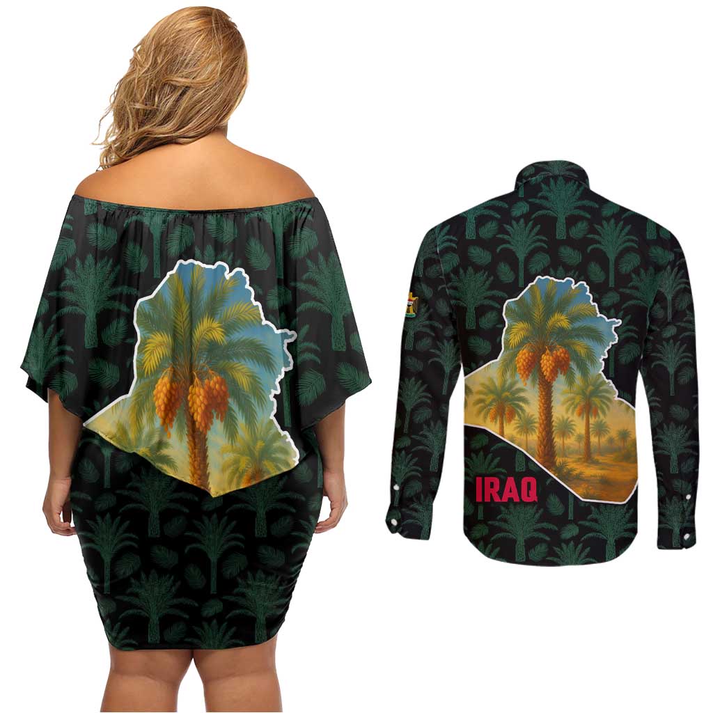 Iraq Couples Matching Off Shoulder Short Dress and Long Sleeve Button Shirt with Palm Tree Landscape and Map Silhouette Design - Wonder Print Shop