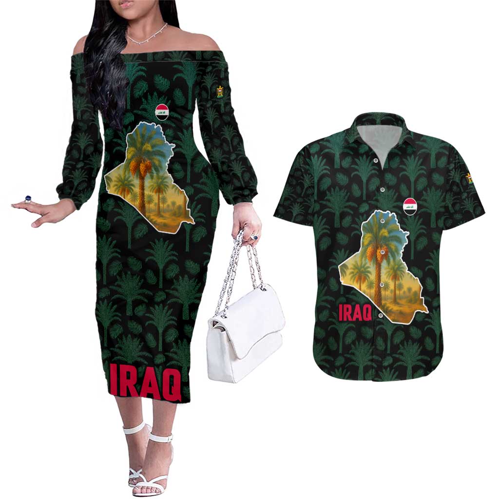 Iraq Couples Matching Off The Shoulder Long Sleeve Dress and Hawaiian Shirt with Palm Tree Landscape and Map Silhouette Design - Wonder Print Shop