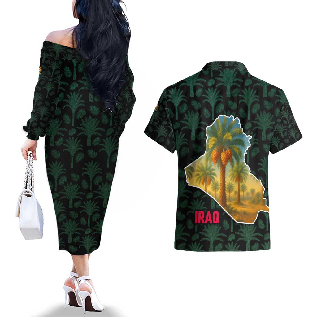 Iraq Couples Matching Off The Shoulder Long Sleeve Dress and Hawaiian Shirt with Palm Tree Landscape and Map Silhouette Design - Wonder Print Shop