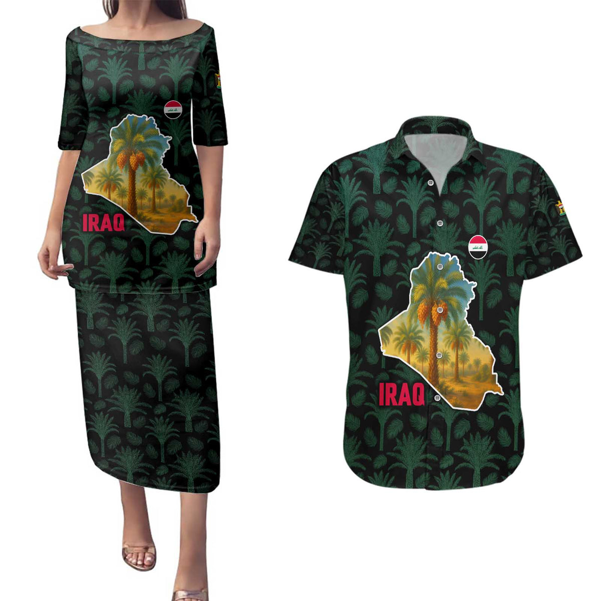 Iraq Couples Matching Puletasi and Hawaiian Shirt with Palm Tree Landscape and Map Silhouette Design - Wonder Print Shop