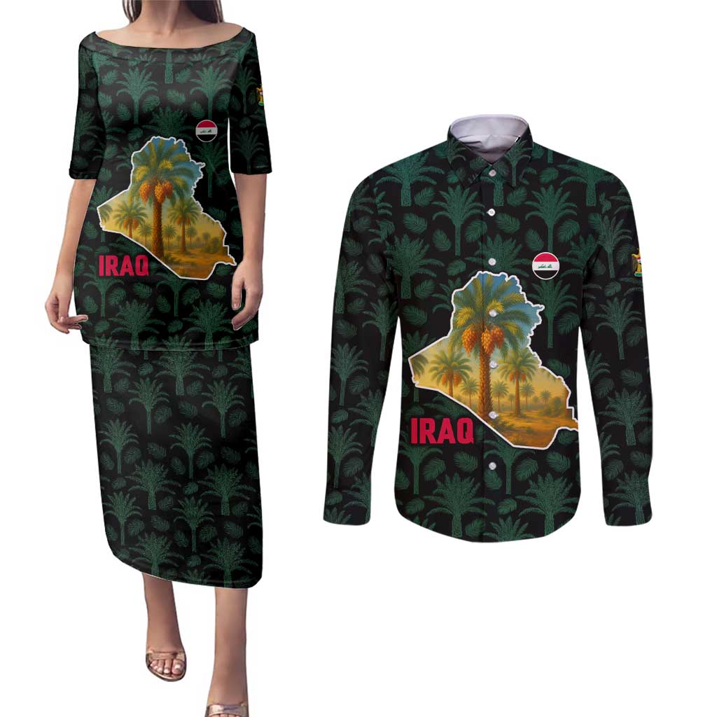 Iraq Couples Matching Puletasi and Long Sleeve Button Shirt with Palm Tree Landscape and Map Silhouette Design - Wonder Print Shop
