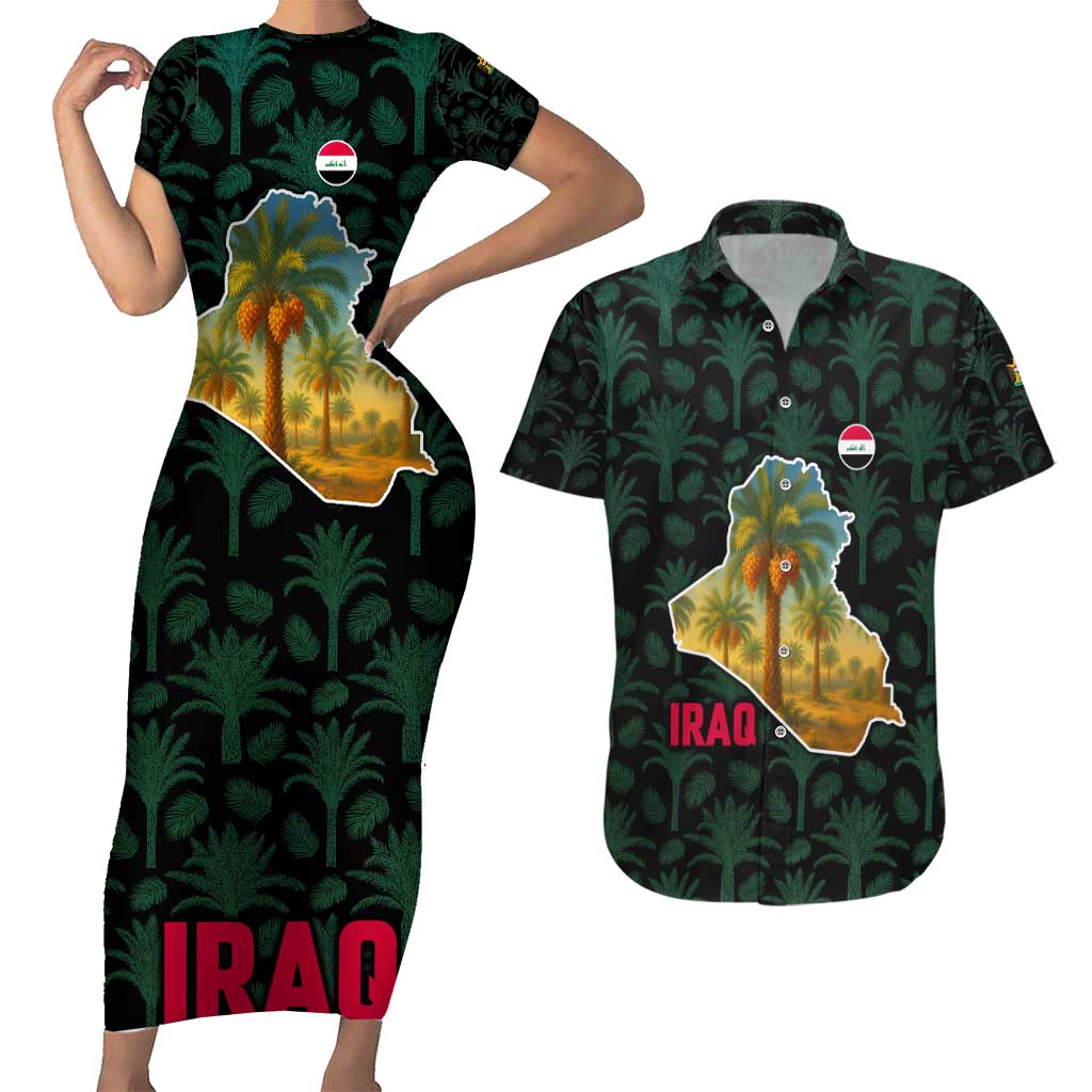 Iraq Couples Matching Short Sleeve Bodycon Dress and Hawaiian Shirt with Palm Tree Landscape and Map Silhouette Design - Wonder Print Shop