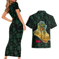 Iraq Couples Matching Short Sleeve Bodycon Dress and Hawaiian Shirt with Palm Tree Landscape and Map Silhouette Design - Wonder Print Shop