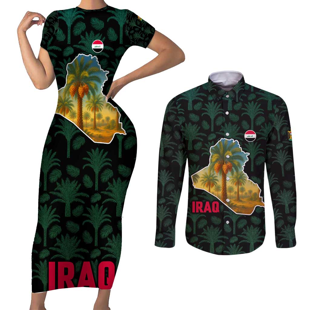 Iraq Couples Matching Short Sleeve Bodycon Dress and Long Sleeve Button Shirt with Palm Tree Landscape and Map Silhouette Design - Wonder Print Shop