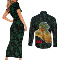 Iraq Couples Matching Short Sleeve Bodycon Dress and Long Sleeve Button Shirt with Palm Tree Landscape and Map Silhouette Design - Wonder Print Shop