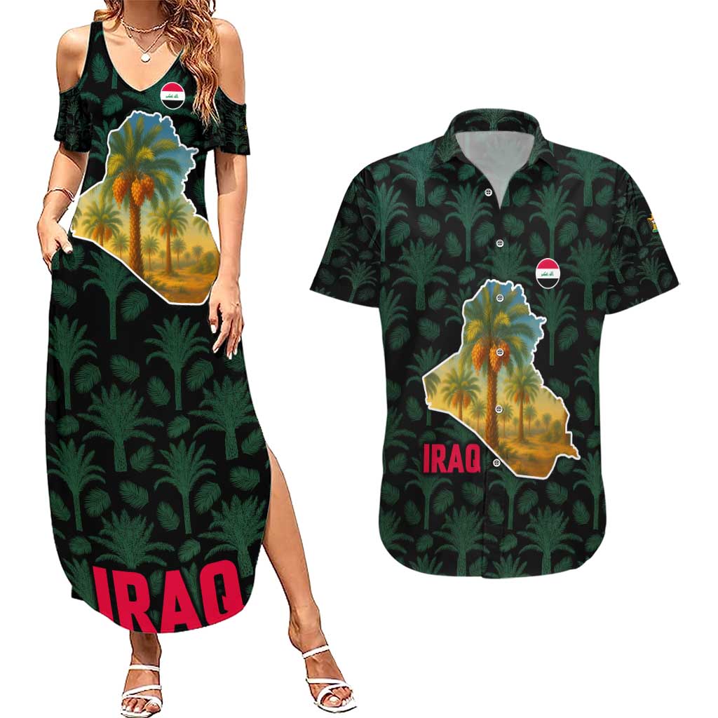 Iraq Couples Matching Summer Maxi Dress and Hawaiian Shirt with Palm Tree Landscape and Map Silhouette Design - Wonder Print Shop