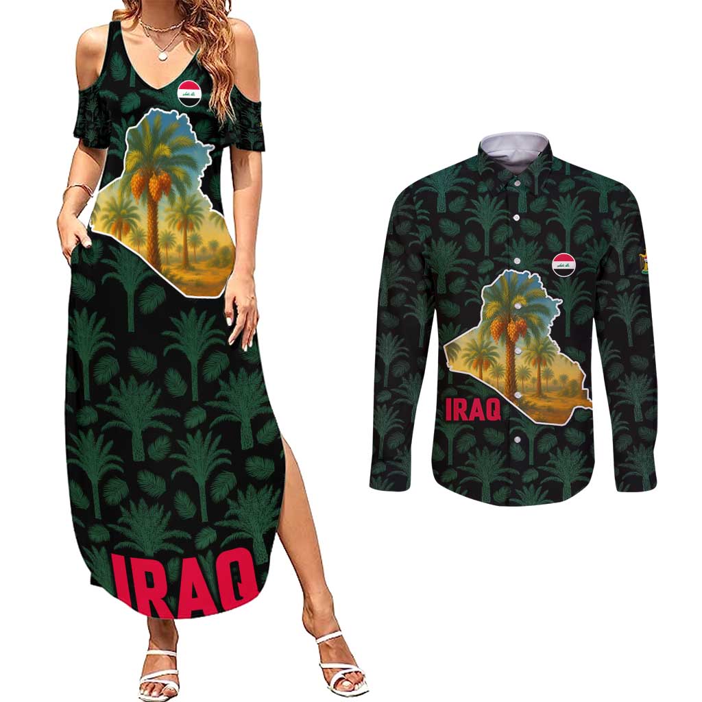 Iraq Couples Matching Summer Maxi Dress and Long Sleeve Button Shirt with Palm Tree Landscape and Map Silhouette Design - Wonder Print Shop