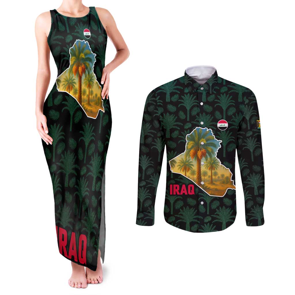 Iraq Couples Matching Tank Maxi Dress and Long Sleeve Button Shirt with Palm Tree Landscape and Map Silhouette Design - Wonder Print Shop
