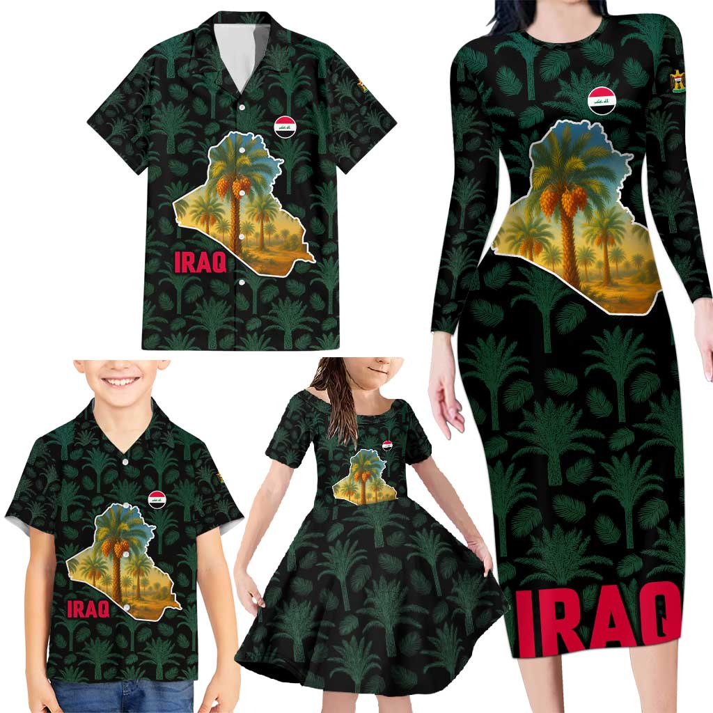 Iraq Family Matching Long Sleeve Bodycon Dress and Hawaiian Shirt with Palm Tree Landscape and Map Silhouette Design - Wonder Print Shop