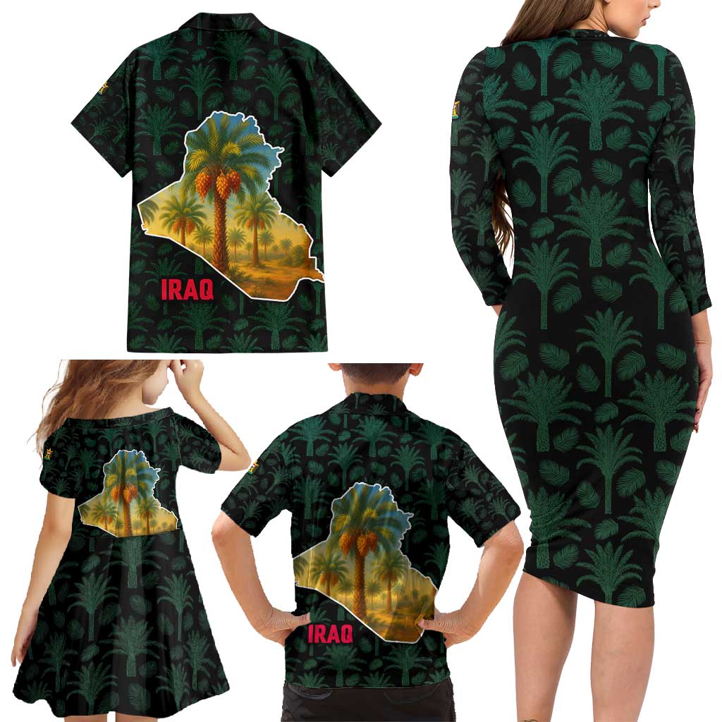 Iraq Family Matching Long Sleeve Bodycon Dress and Hawaiian Shirt with Palm Tree Landscape and Map Silhouette Design - Wonder Print Shop