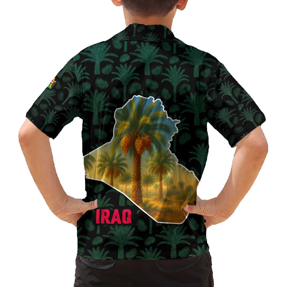 Iraq Family Matching Off The Shoulder Long Sleeve Dress and Hawaiian Shirt with Palm Tree Landscape and Map Silhouette Design - Wonder Print Shop