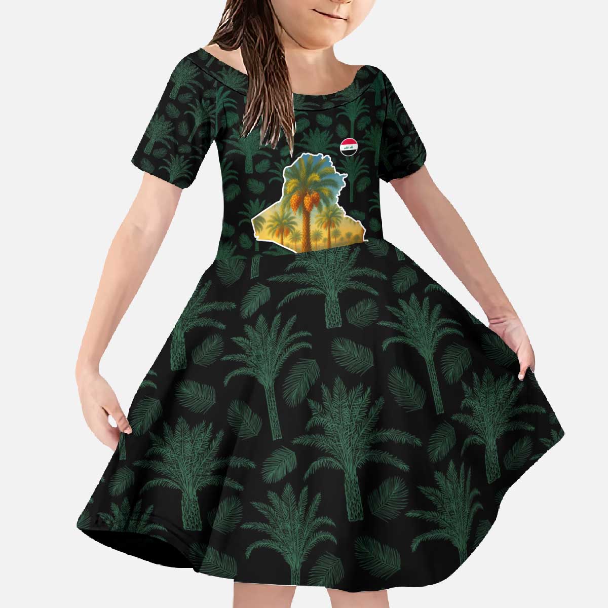 Iraq Family Matching Off The Shoulder Long Sleeve Dress and Hawaiian Shirt with Palm Tree Landscape and Map Silhouette Design - Wonder Print Shop