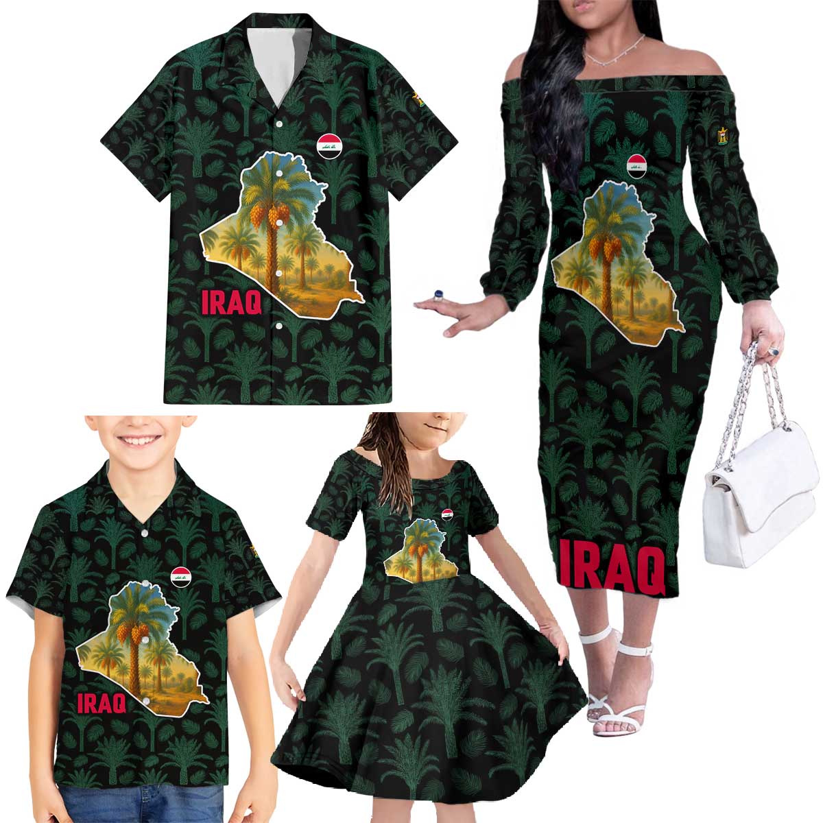 Iraq Family Matching Off The Shoulder Long Sleeve Dress and Hawaiian Shirt with Palm Tree Landscape and Map Silhouette Design - Wonder Print Shop
