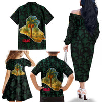Iraq Family Matching Off The Shoulder Long Sleeve Dress and Hawaiian Shirt with Palm Tree Landscape and Map Silhouette Design - Wonder Print Shop