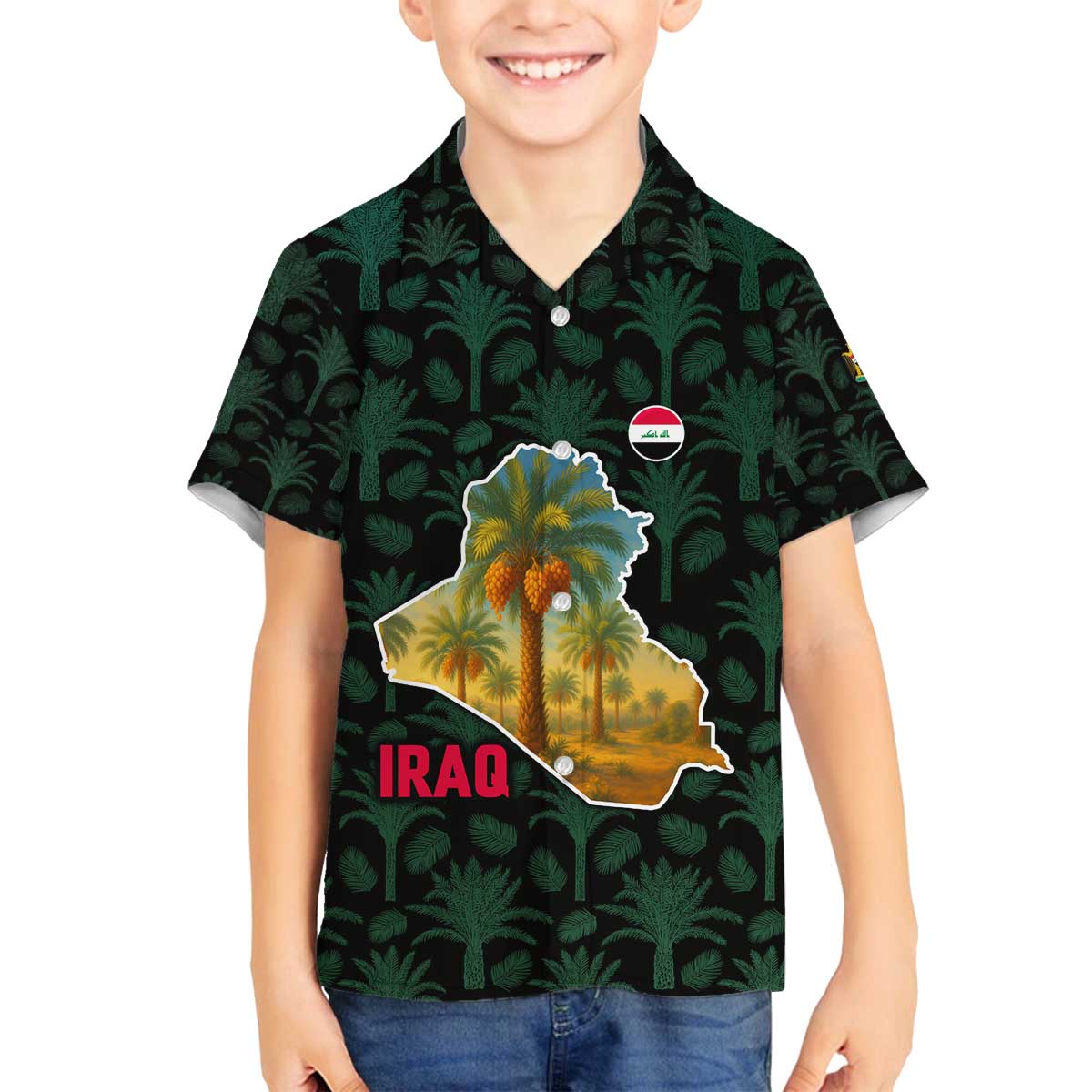 Iraq Family Matching Off The Shoulder Long Sleeve Dress and Hawaiian Shirt with Palm Tree Landscape and Map Silhouette Design - Wonder Print Shop