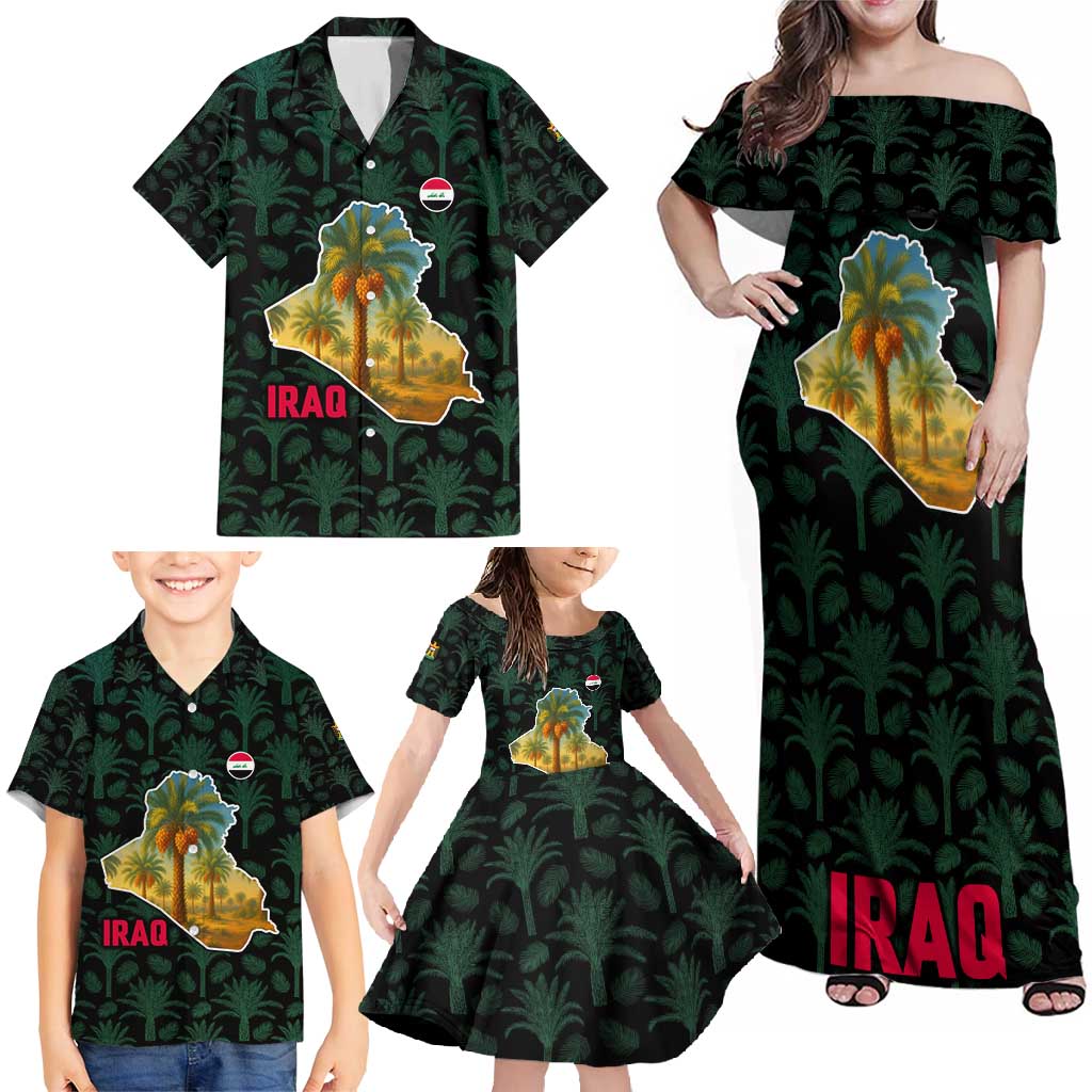 Iraq Family Matching Off Shoulder Maxi Dress and Hawaiian Shirt with Palm Tree Landscape and Map Silhouette Design - Wonder Print Shop