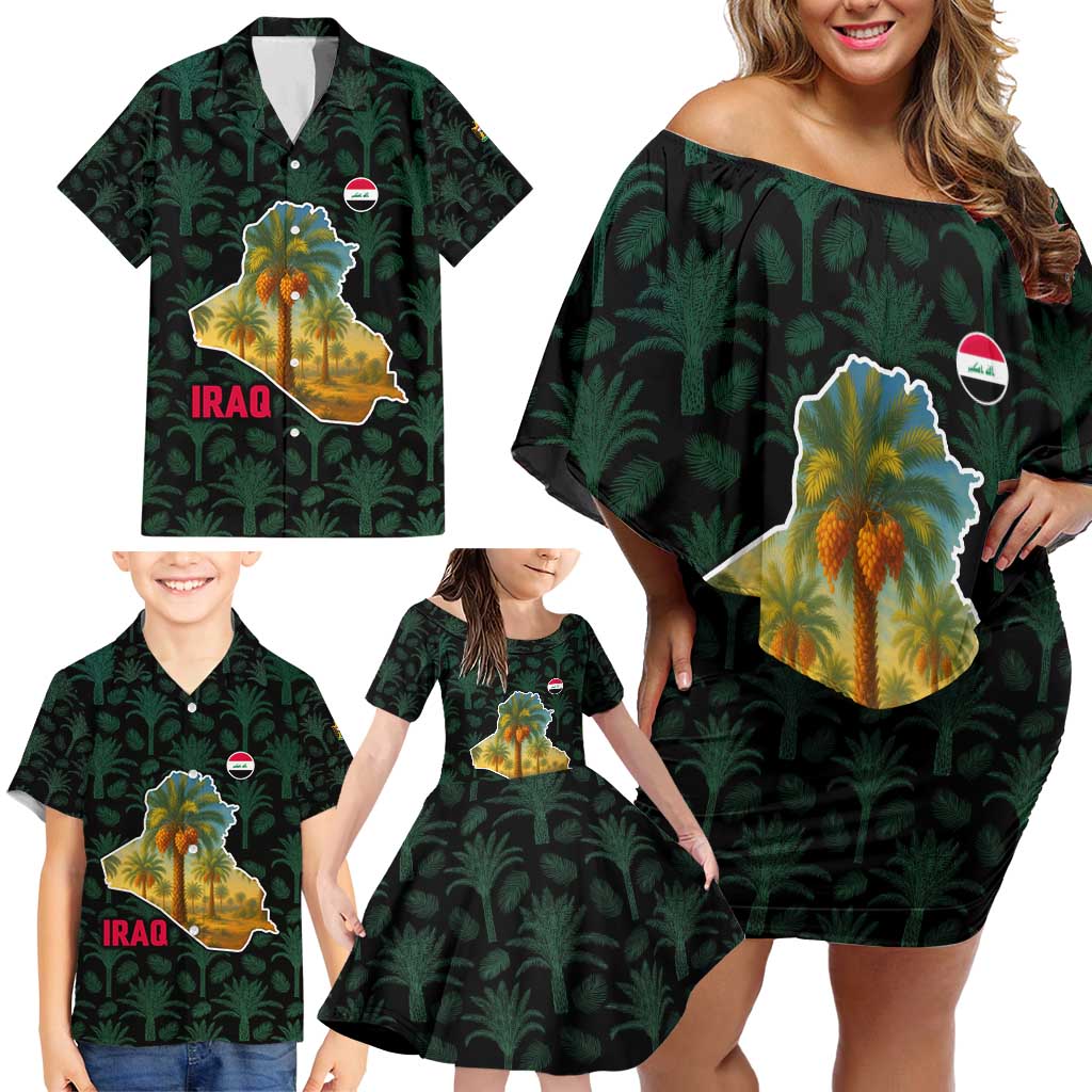 Iraq Family Matching Off Shoulder Short Dress and Hawaiian Shirt with Palm Tree Landscape and Map Silhouette Design - Wonder Print Shop