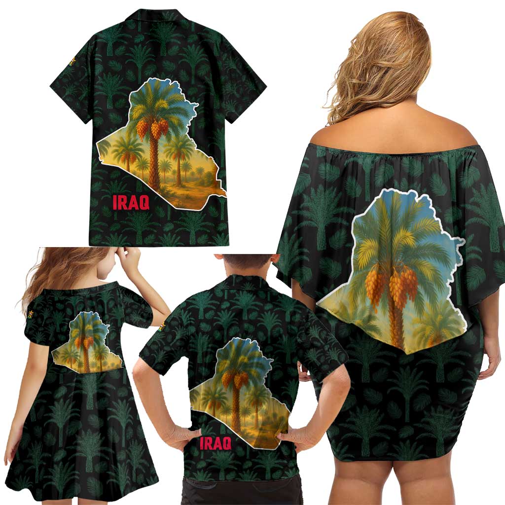 Iraq Family Matching Off Shoulder Short Dress and Hawaiian Shirt with Palm Tree Landscape and Map Silhouette Design - Wonder Print Shop